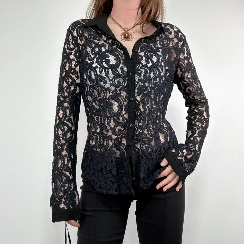 sheer navy lace fitted shirt
