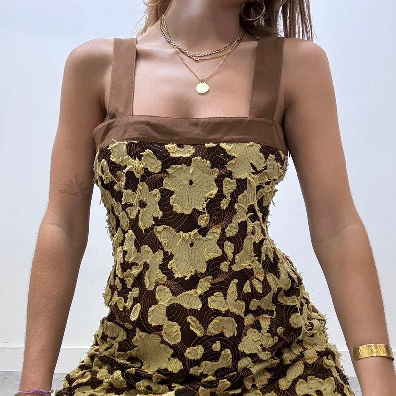 brown flower distressed frayed midi dress