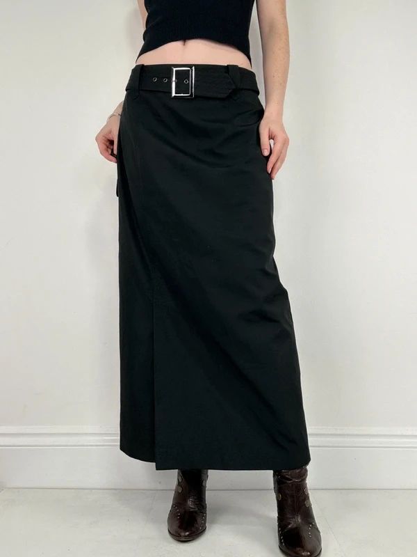 black a-line maxi belted skirt