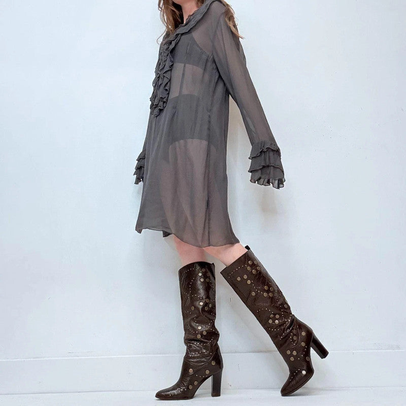 sheer ruffle flutter regency silk dress