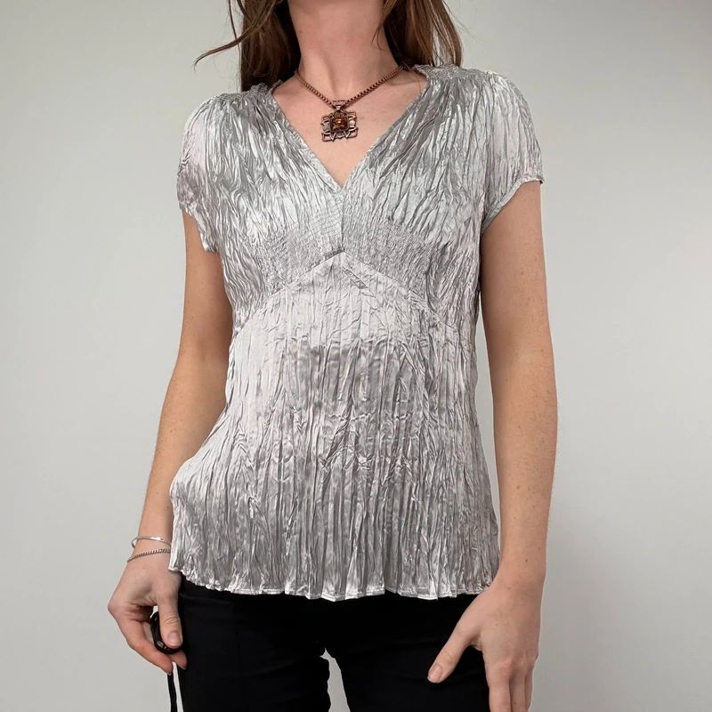 silver crinkle pleated blouse vest