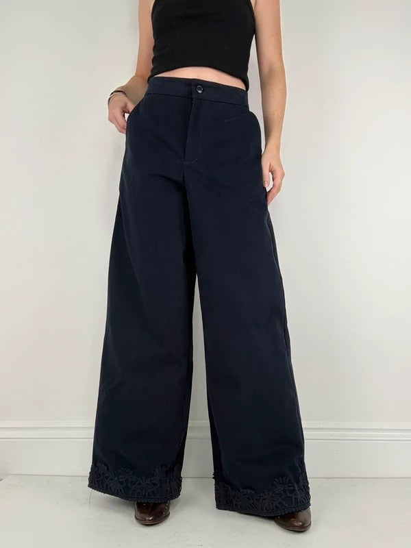 navy ultra wide leg lace hem trousers