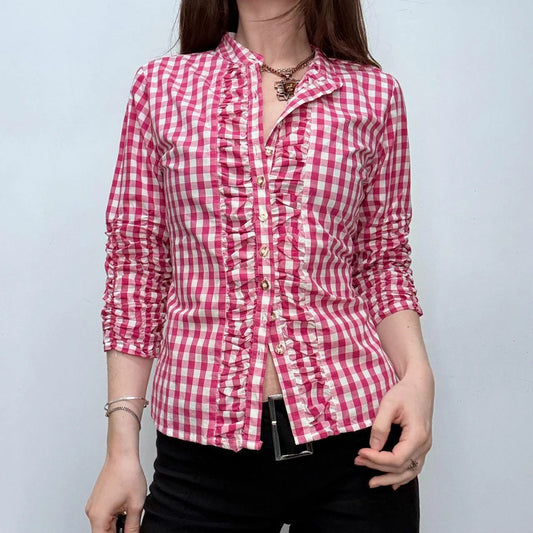 pink tartan ruffle ruched shirt