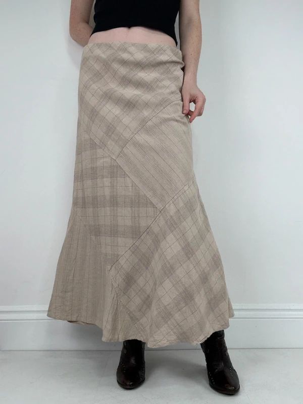 beige linen tartan flared checked maxi skirt
