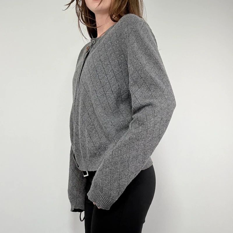 grey wool knitted pointelle cardigan