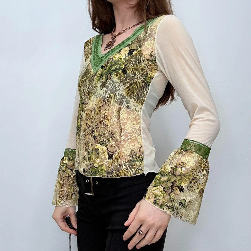 khaki flared lace boho shirt