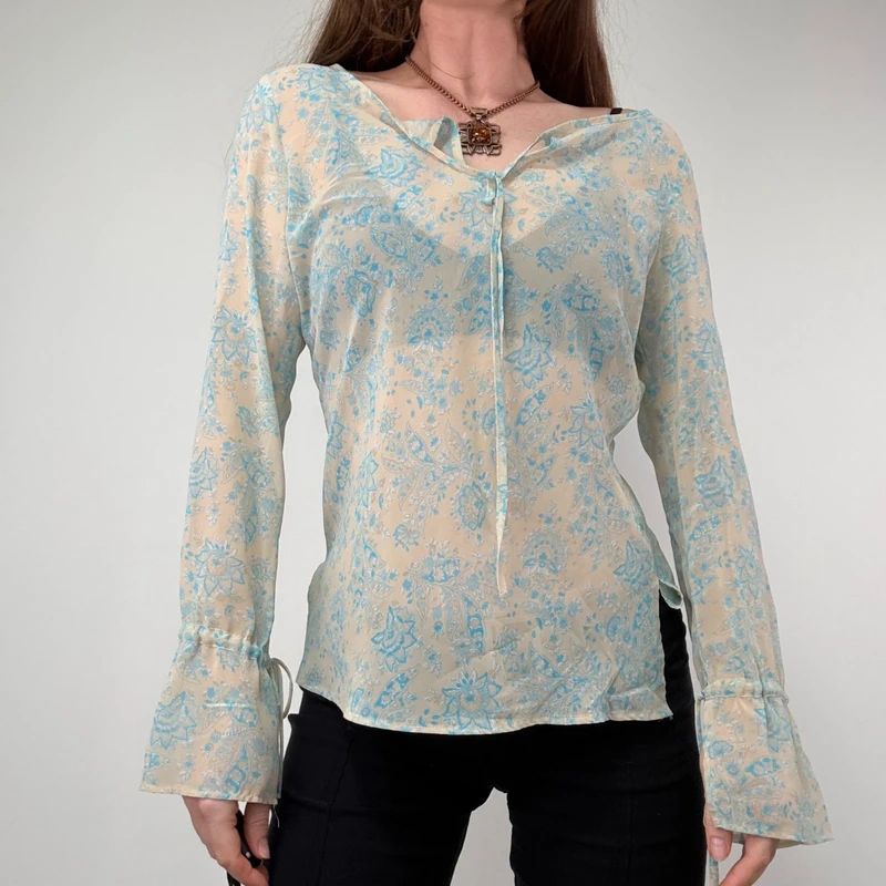 sheer floral flutter ETAM blouse with flare cuffs