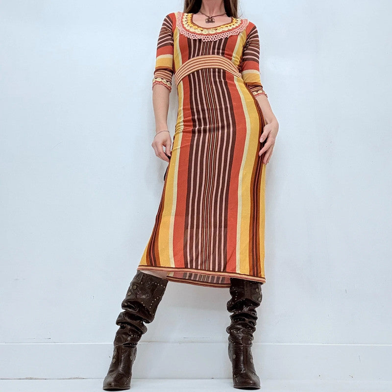 brown striped knitted crochet dress