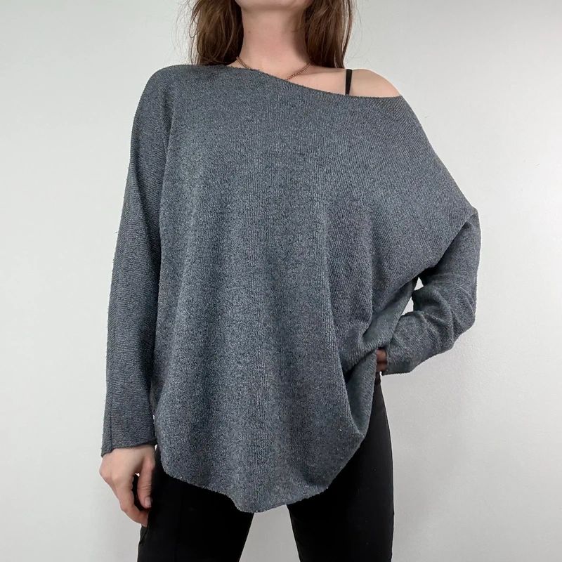 grey henley button detailed slouchy off the shoulder t-shirt