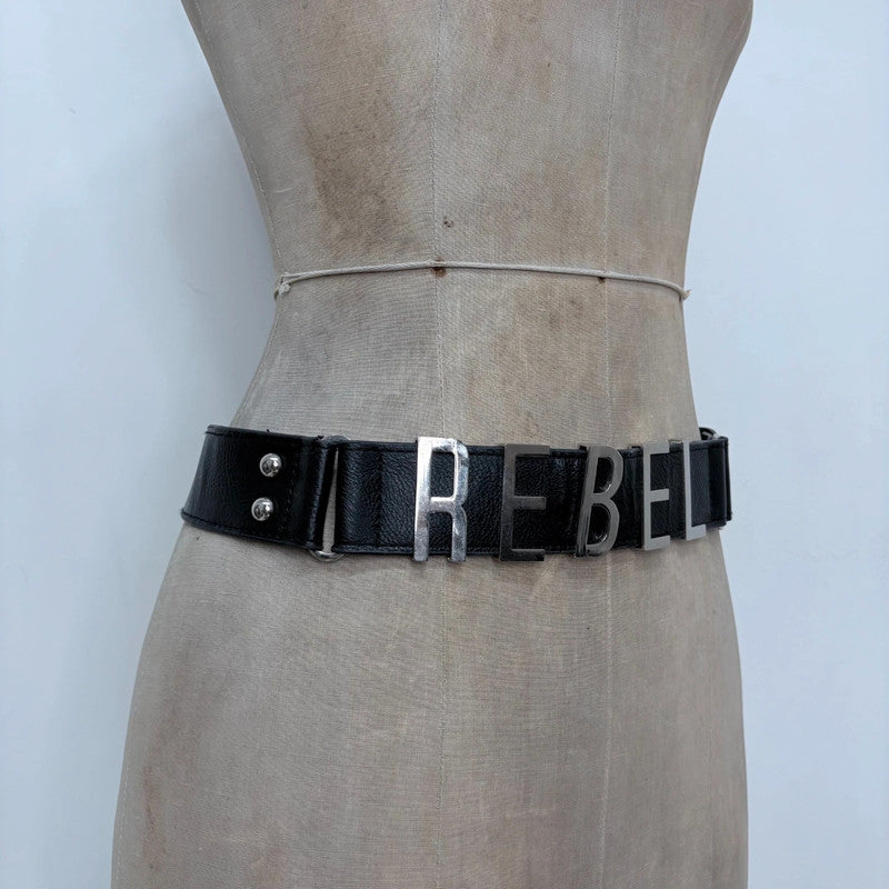 black faux leather silver spellout belt