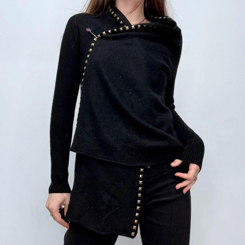 studded asymmetric black drape cardigan