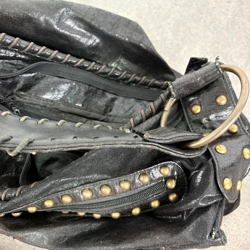 Black studded stitched slouchy shoulder bag