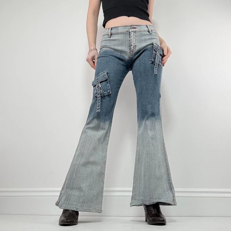 distressed fade flared jeans