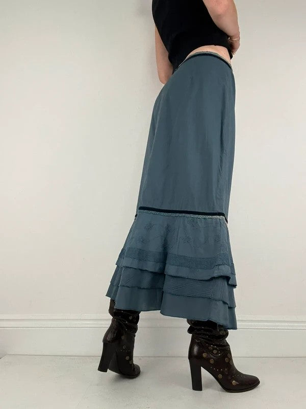 Blue cotton lace tiered maxi skirt