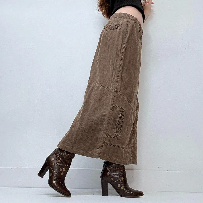 khaki brown pinstripe a-line maxi skirt