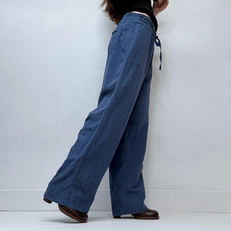blue wide-leg linen silk drawstring trousers