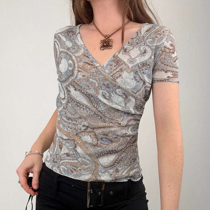 grey brown paisley mesh gathered wrap top
