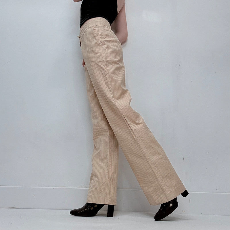textured pleated pinstripe wide leg flared cotton pants