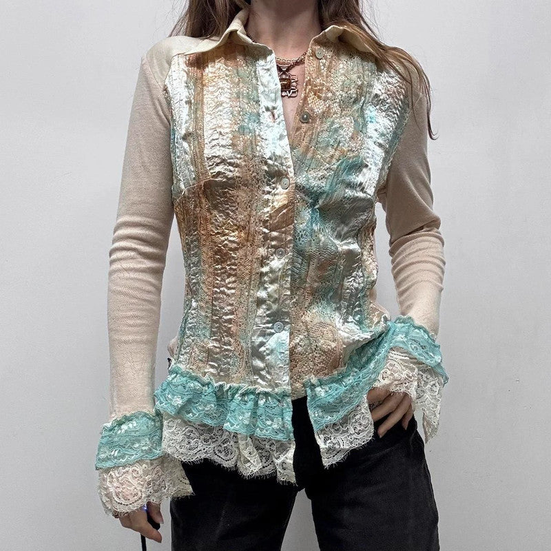 lace flared satin ruffle shirt