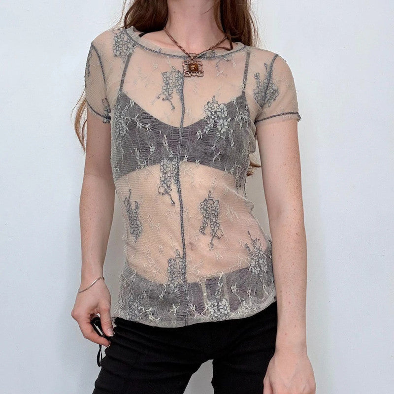 sheer lace whimsical short sleeve top