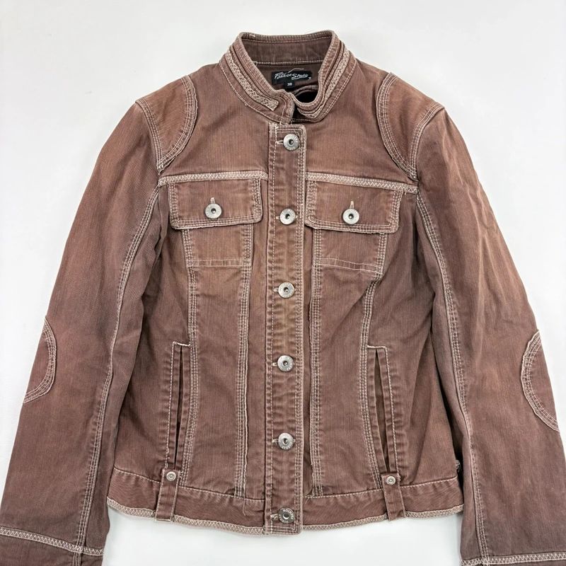 distressed brown cargo denim jacket