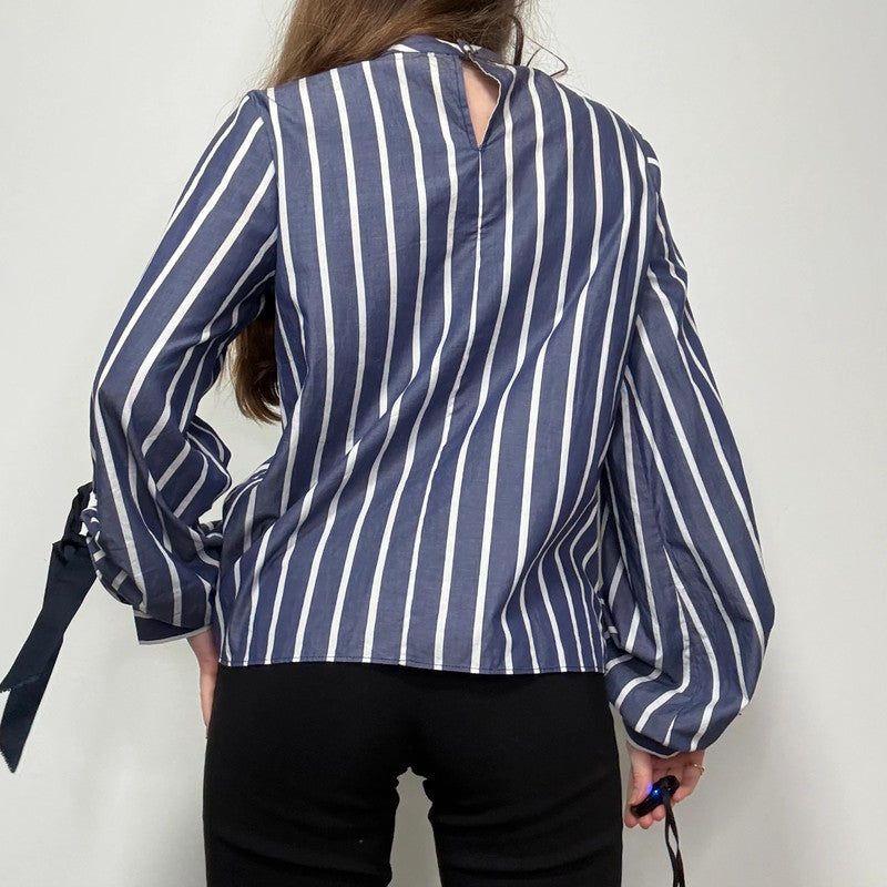 Navy striped balloon puff sleeve shirt