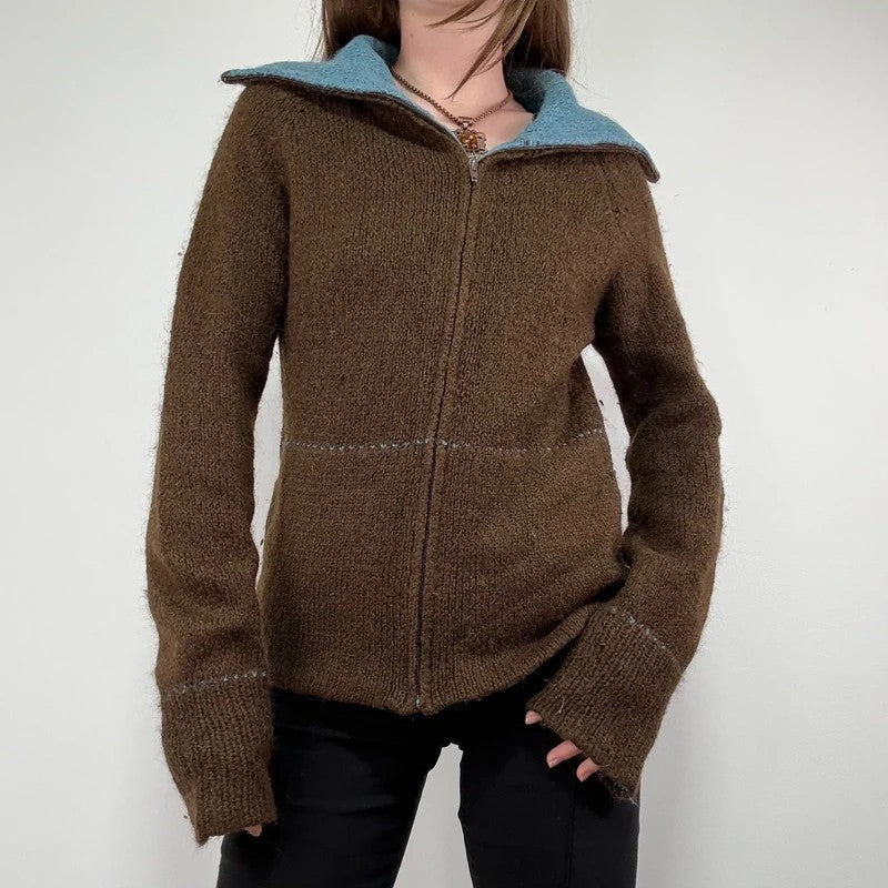 brown knit flared zip through cardigan