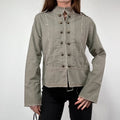 khaki military cotton utility jacket with hook and eyes