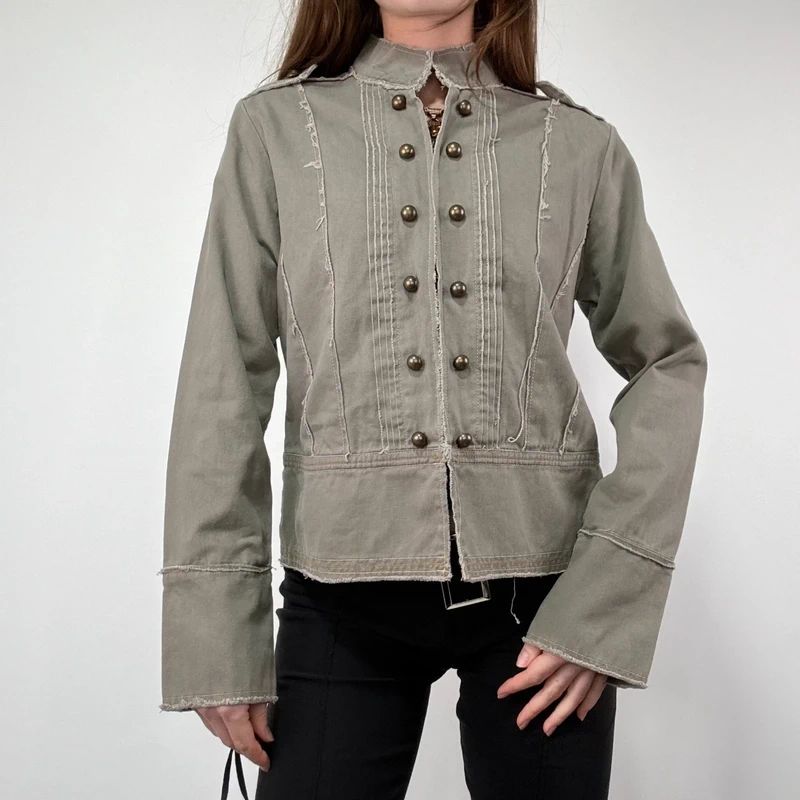 khaki military cotton utility jacket with hook and eyes