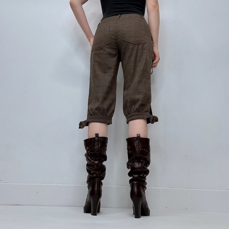 brown tartan preppy cropped puff capri pants