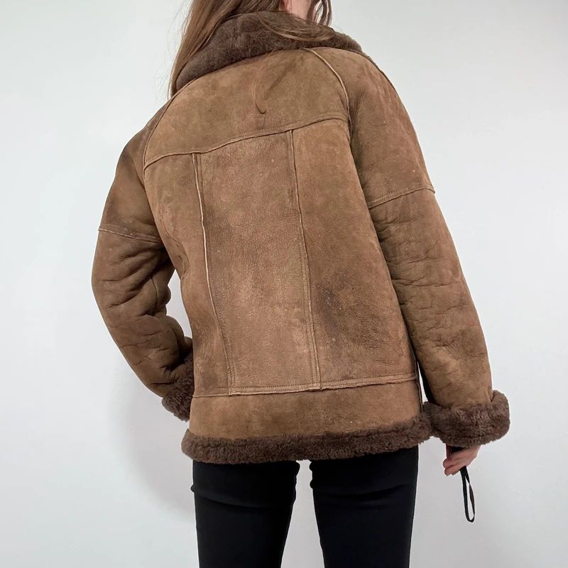 brown shearling aviator vintage jacket with zipper