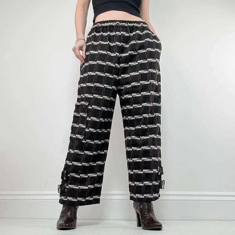 wide leg tartan checked structured trousers