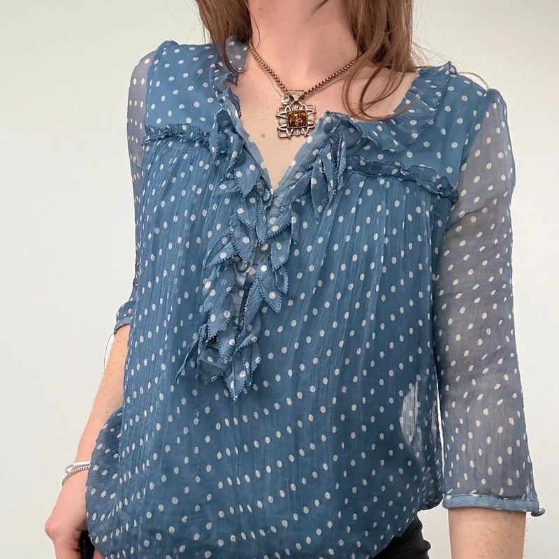 Blue Polka Dot Sheer Silk flutter Blouse