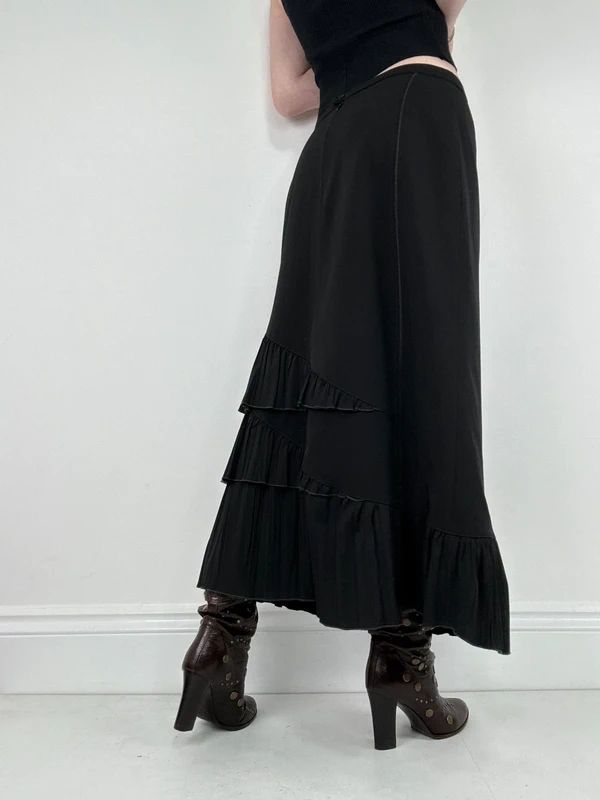 black asymmetric pleated ruffle maxi skirt
