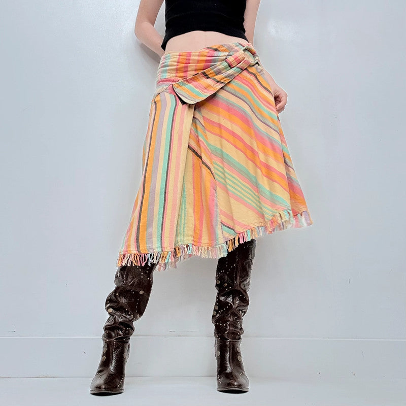 pinstriped asymmetric draped wrap skirt