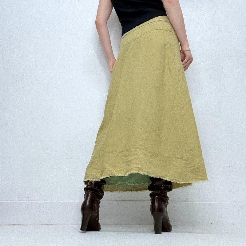 green linen flared maxi skirt