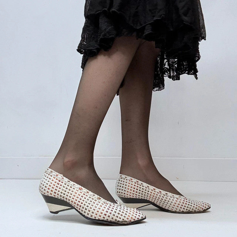 woven white leather ballet pumps