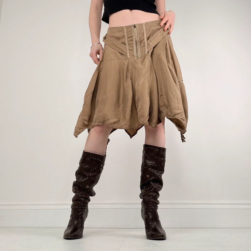 tan asymmetric drop waist utility skirt