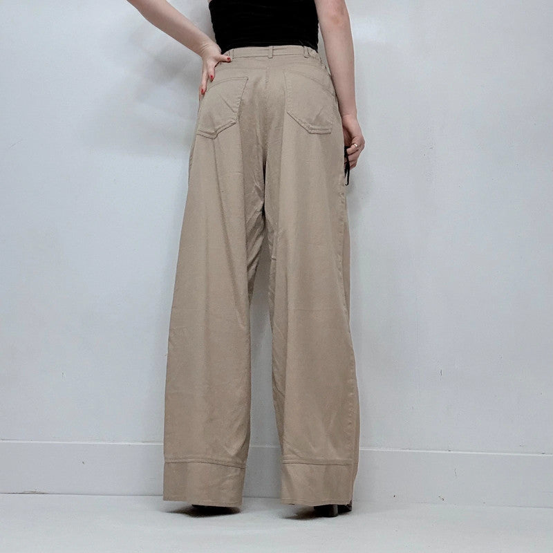 tan khaki wide leg flared trousers