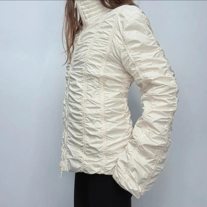 Pleated gathered cinched cream puffer jacket