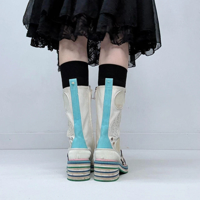 chunky patched cream lace-up margelia boots