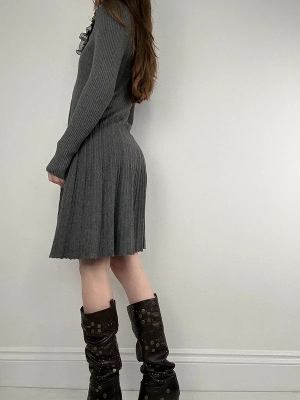 ribbed knit flutter grey long ruffle cardigan