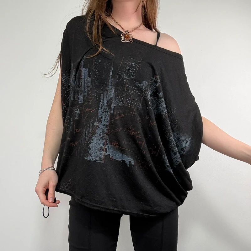 black graphic slouchy off the shoulder t-shirt