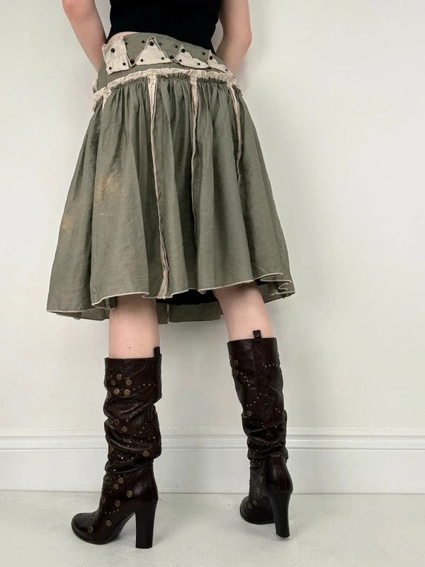 khaki pleated drop waist midi skirt