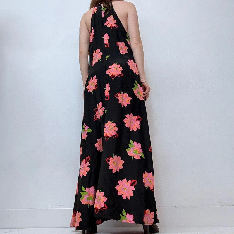 black floral bias cut maxi dress