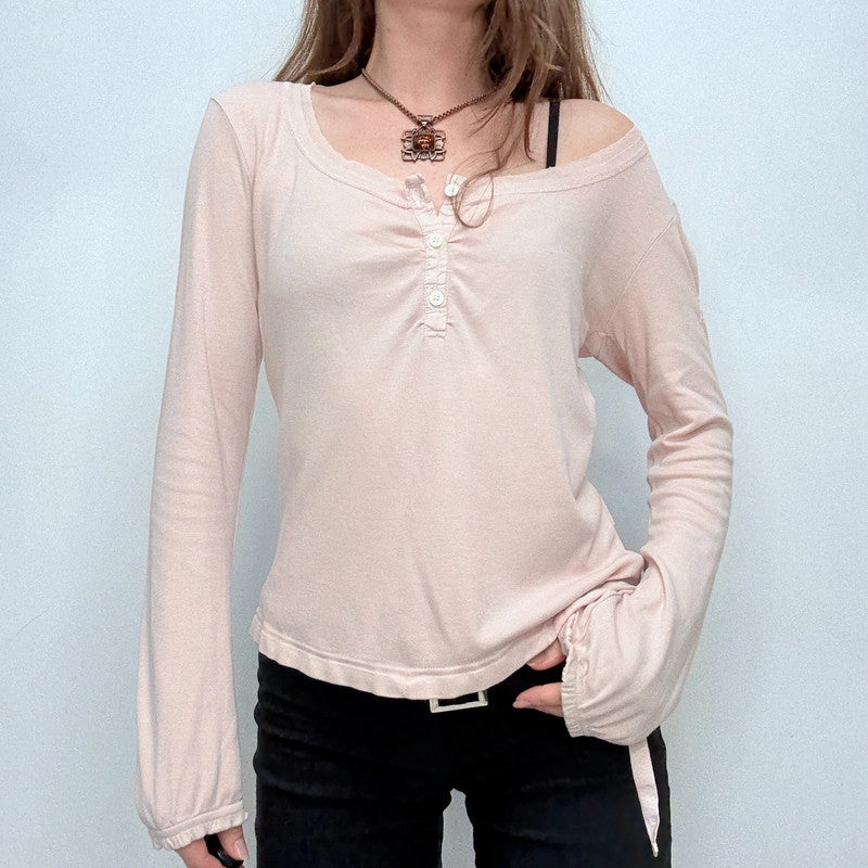 pink slash neck cinched long sleeve t-shirt