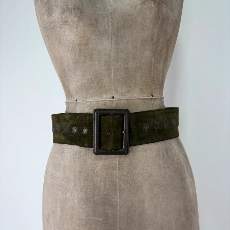 Khaki suede thick leather belt