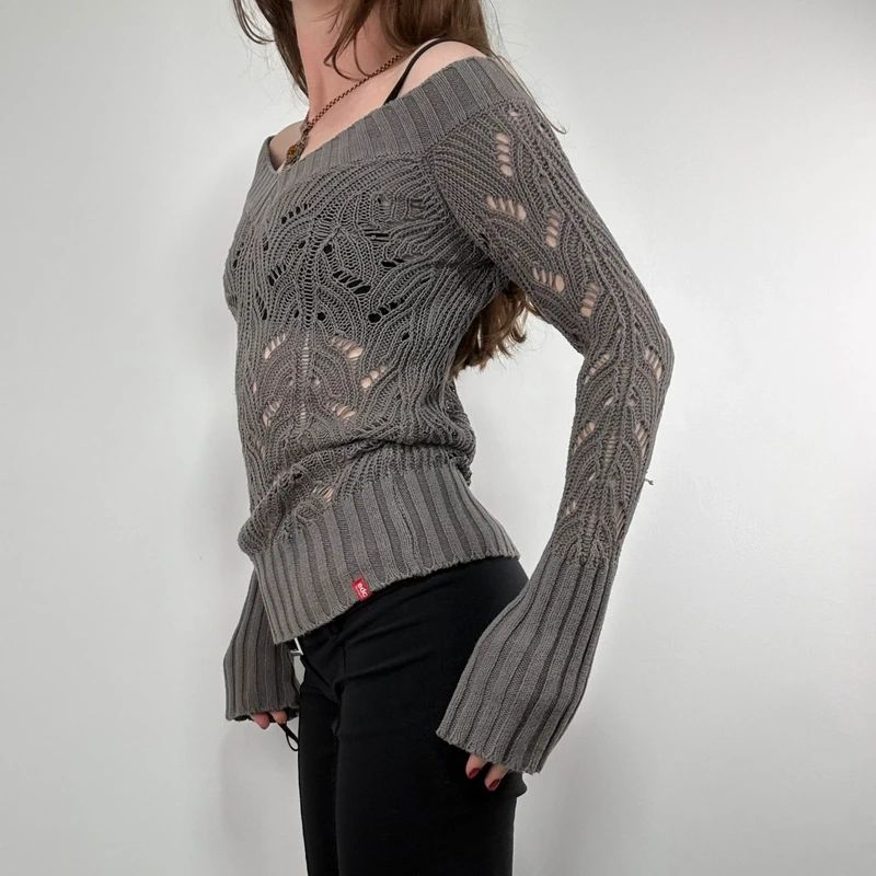 khaki lace knit off the shoulder slouchy jumper