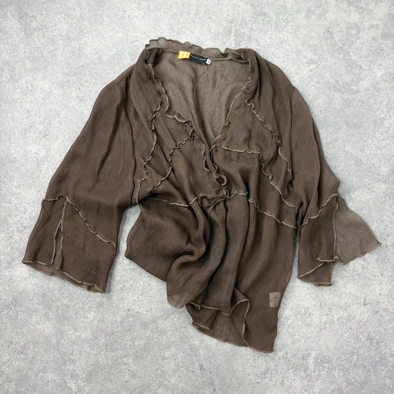 brown ruffle mesh slouchy flare shirt