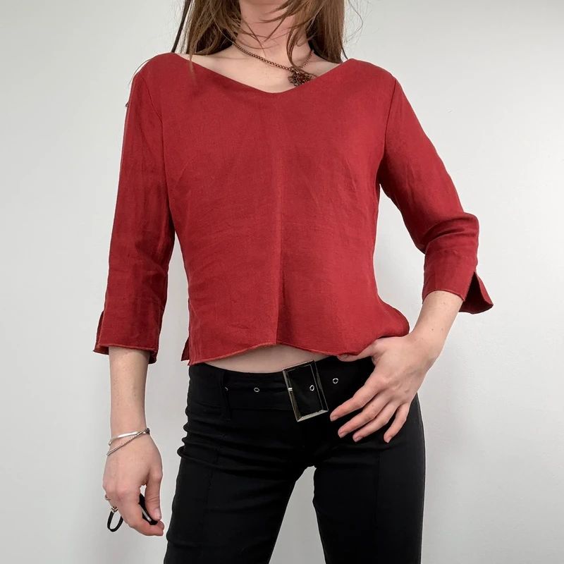 red linen flared fitted slit blouse top